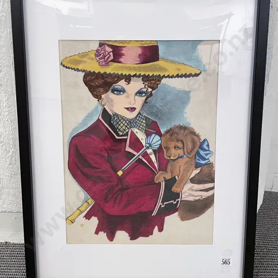 Unknown Artist - Portrait of Edwardian Lady & Dog - Mixed Media on Paper