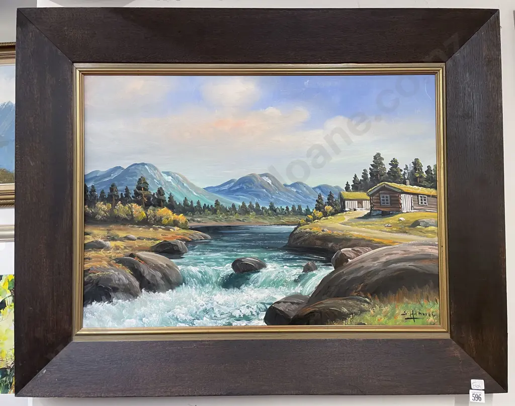 S. Hamnies - Log Cabin & Rapids - Oil on Canvas Image 1++