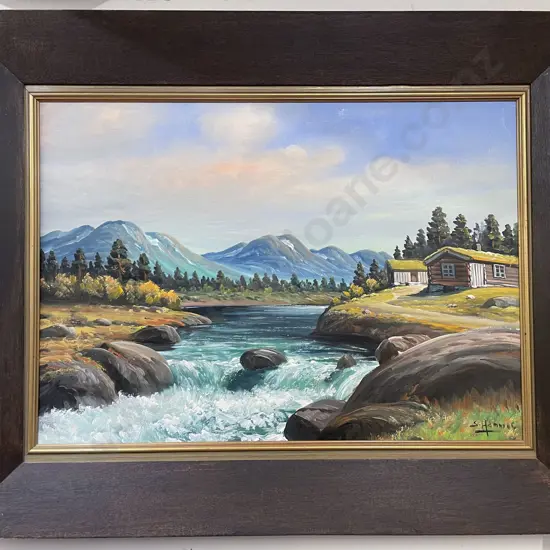 S. Hamnies - Log Cabin & Rapids - Oil on Canvas