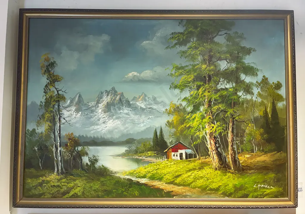 L. Parker - Cabin by the Lake - Oil on Board Image 1++