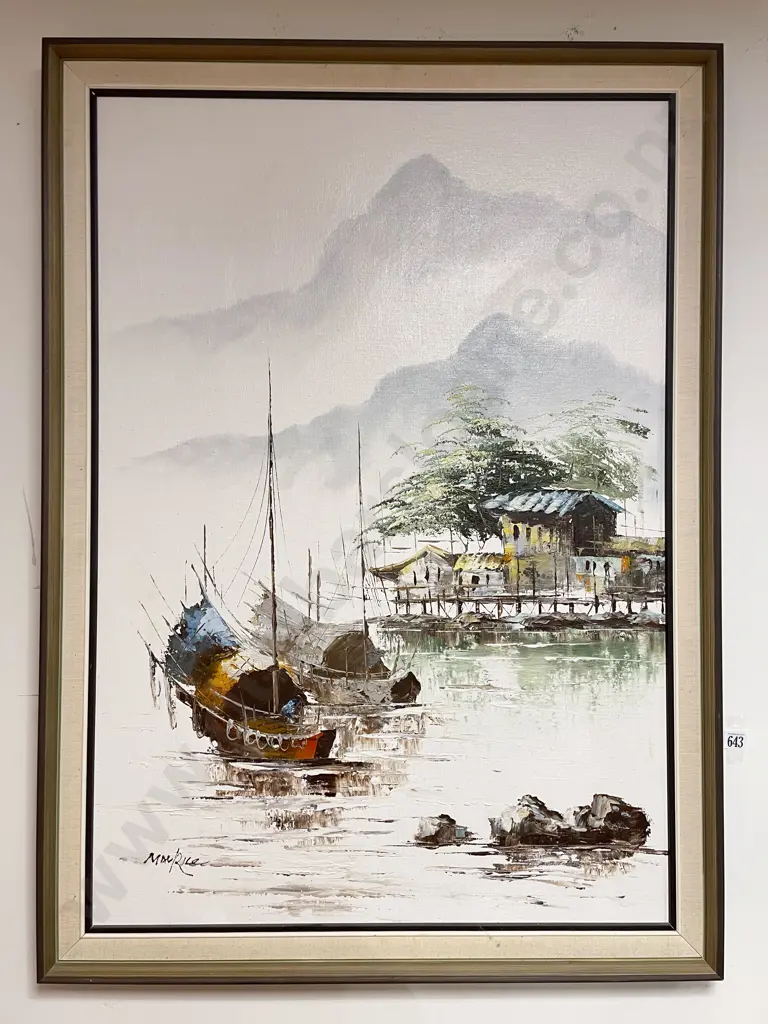 Mac Rice - Asian River Scene - Oil on Board Image 1++