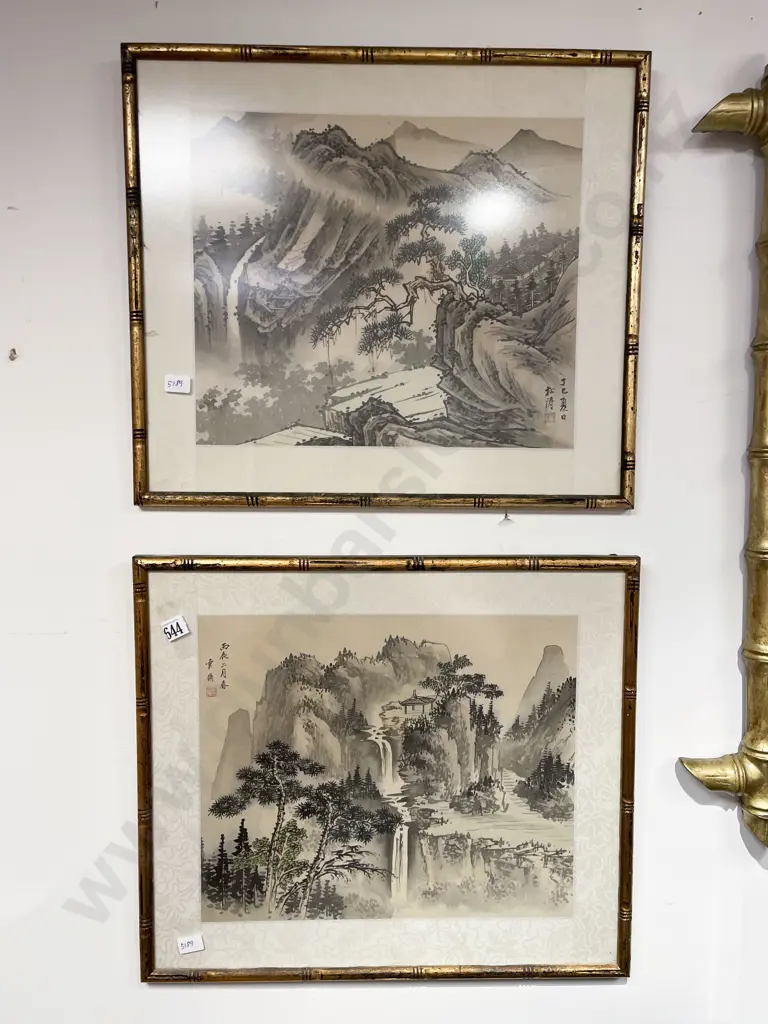 Pair Framed Chinese Landscapes Painted on Silk with Faux Bamboo Frames Image 1++