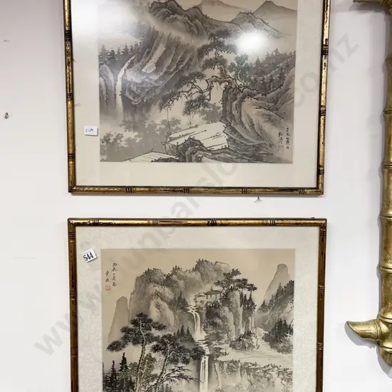 Pair Framed Chinese Landscapes Painted on Silk with Faux Bamboo Frames