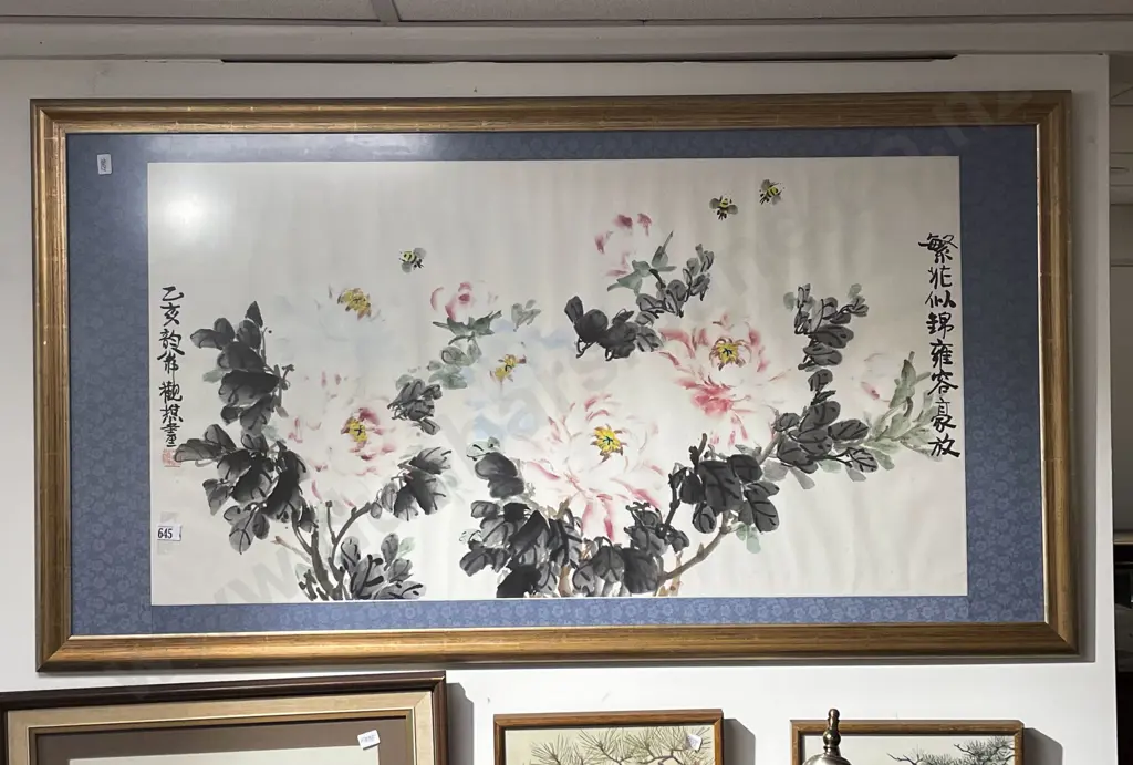 Framed Chinese Watercolour of Peonies Image 1++