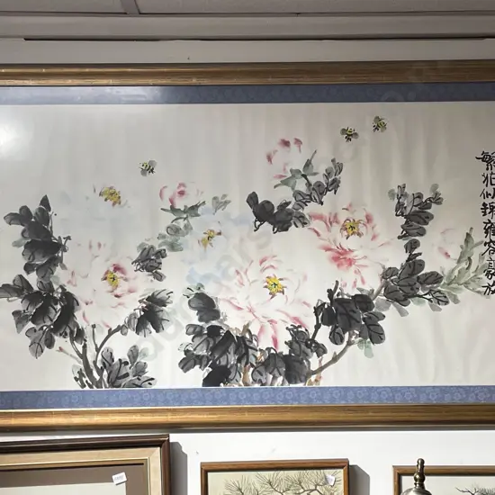 Framed Chinese Watercolour of Peonies