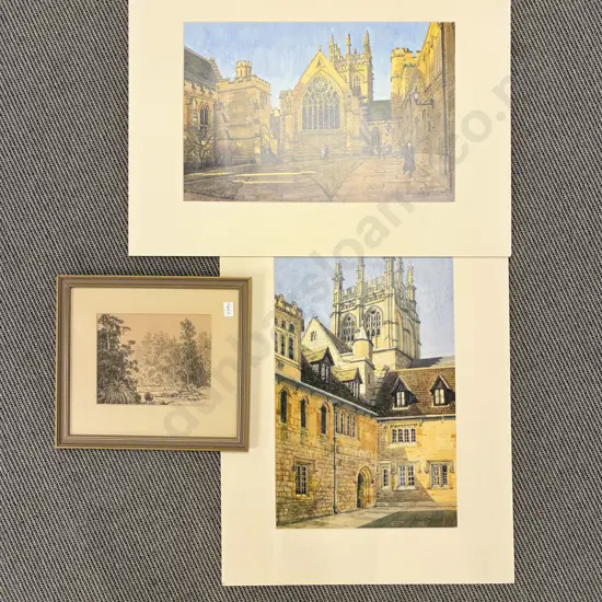 Two Unframed Prints together with Small E.B. Lattey Pencil Sketch