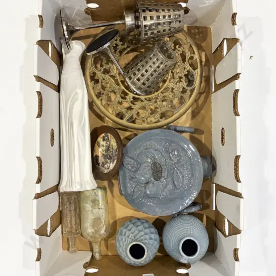 Box Qty of Assorted Pottery & Metal Ware etc