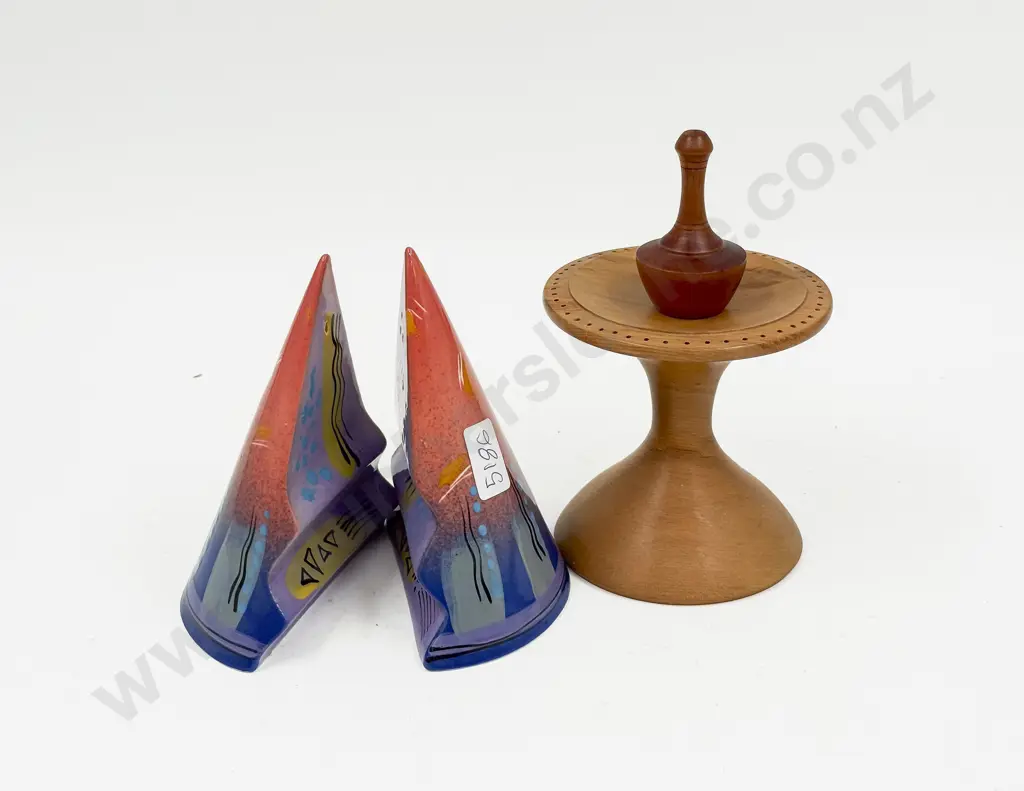 Brendan Adams NZ Pottery Salt & Pepper Set together with Two NZ Turned Wood Pces Image 1++