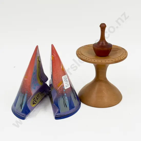 Brendan Adams NZ Pottery Salt & Pepper Set together with Two NZ Turned Wood Pces