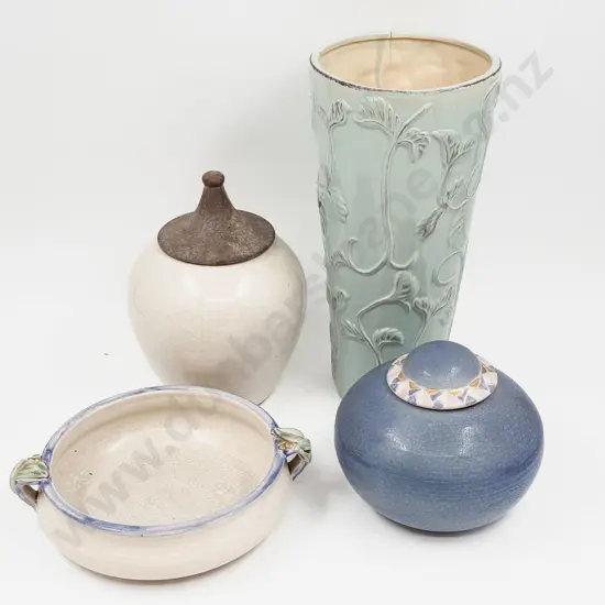 Crackle Glaze Lidded Vase & Three Others