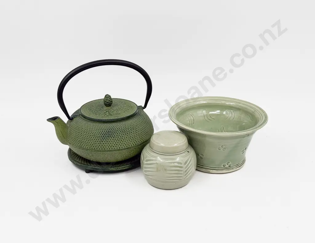 Cast Iron Teapot & Trivett together with Two Celadon Glazed Pces Image 1++