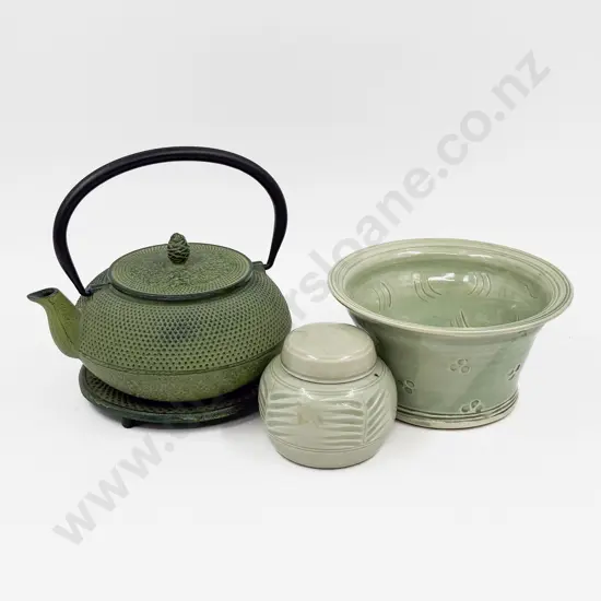 Cast Iron Teapot & Trivett together with Two Celadon Glazed Pces