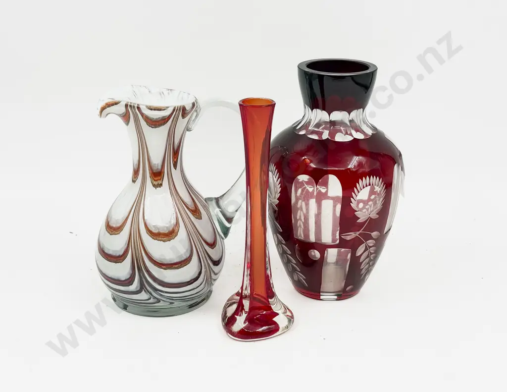 Ruby Flashed Vase together with Art Glass Jug & Specimen Vase Image 1++