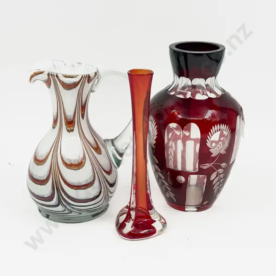 Ruby Flashed Vase together with Art Glass Jug & Specimen Vase