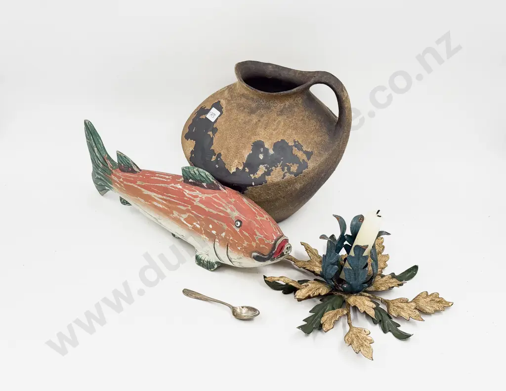 Decorative Candle Holder with Carved Fish Ornament & Jug Image 1++