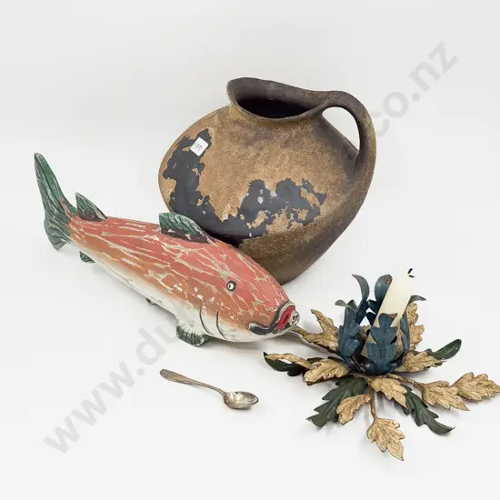 Decorative Candle Holder with Carved Fish Ornament & Jug