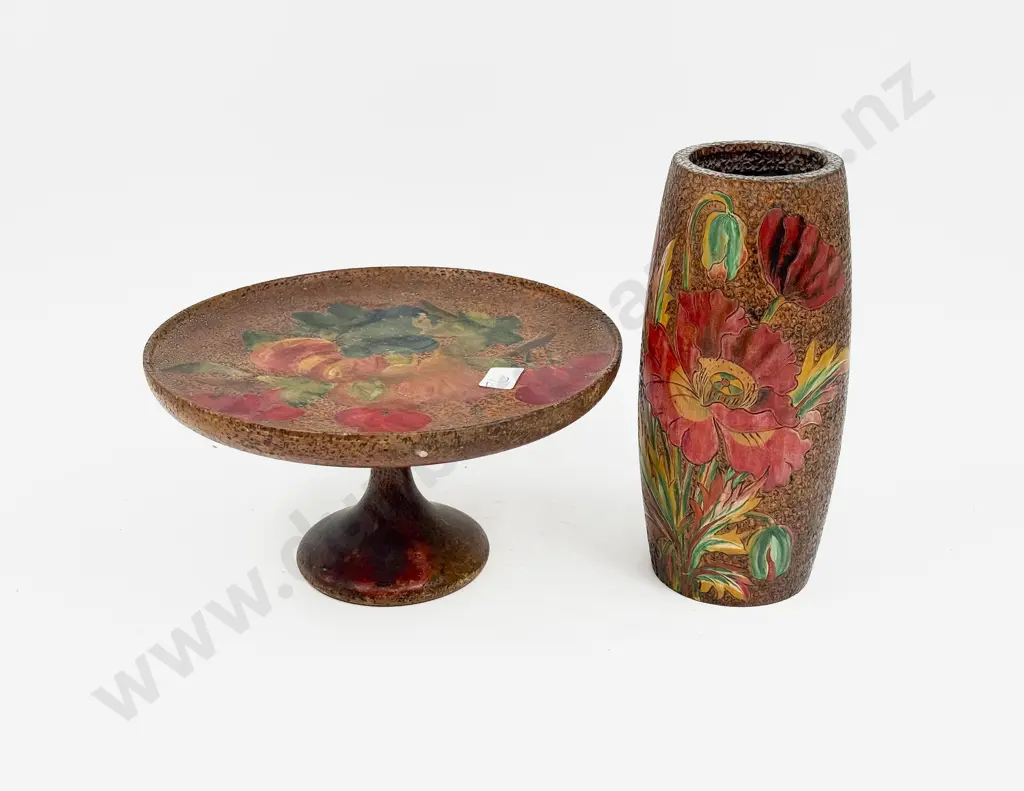 Two Pces of Floral Decorated Poker Work - Candle Holder & Pedestal Dish Image 1++
