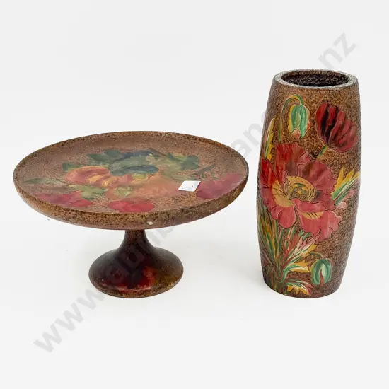 Two Pces of Floral Decorated Poker Work - Candle Holder & Pedestal Dish