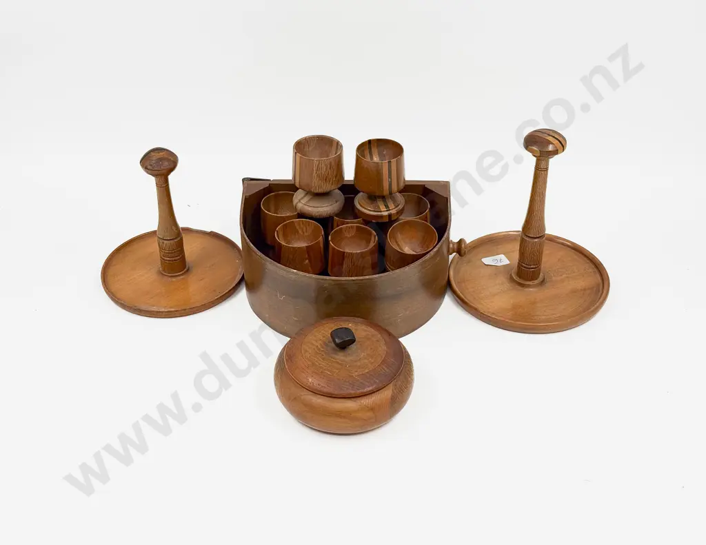 Qty of Assorted NZ Timber Items incl Hat Stands Egg Cups etc Image 1++