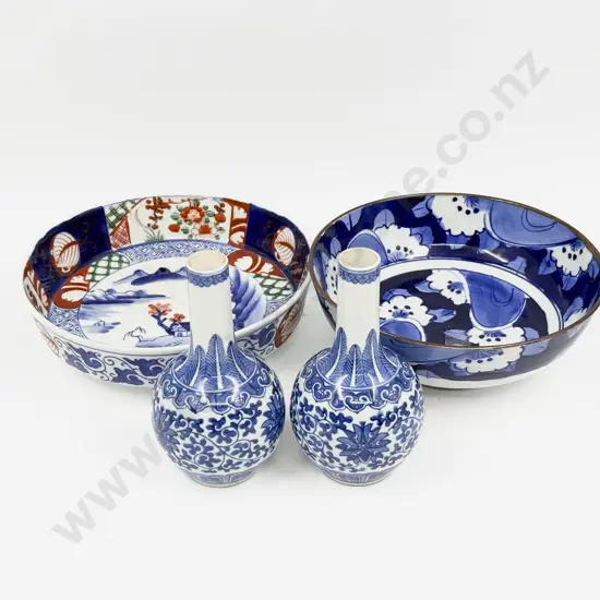 Two Blue & White Bowls and Pair of Blue & White Vases