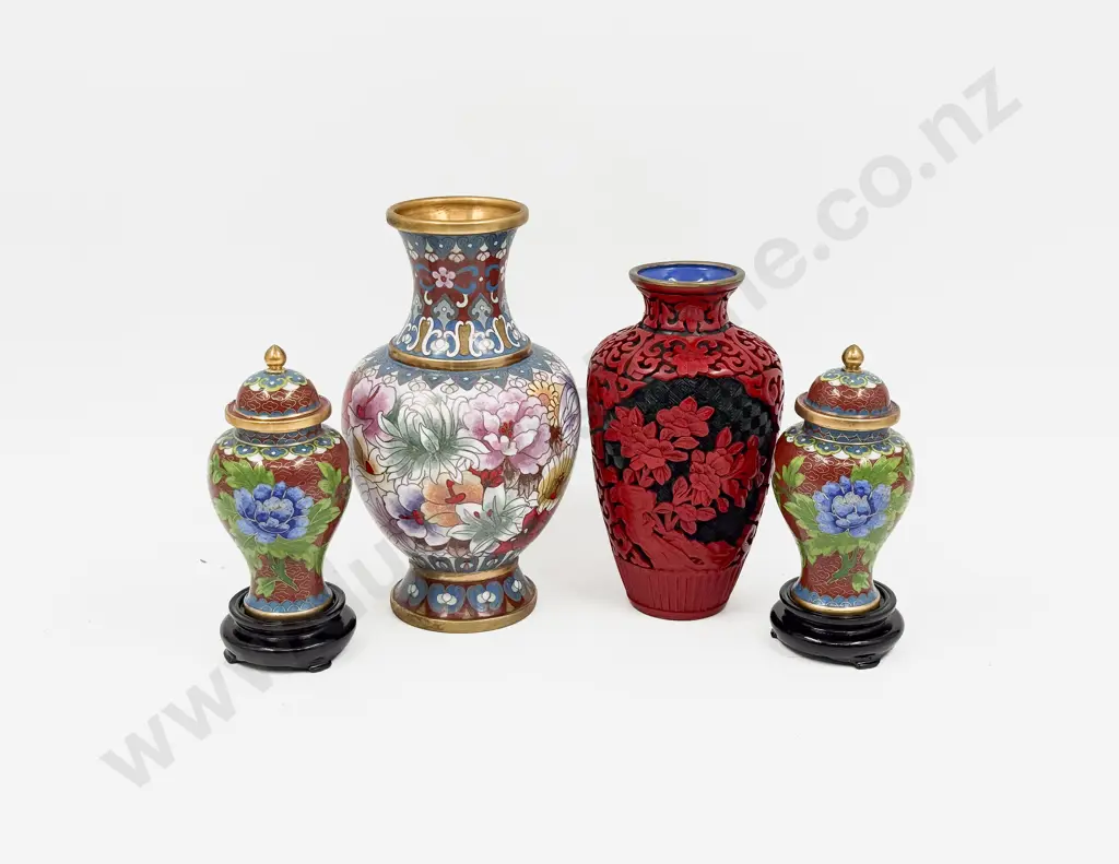 Cinnabar Lacquer Vase Cloisonne Vase & Boxed Pair of Cloisonne Vases Image 1++