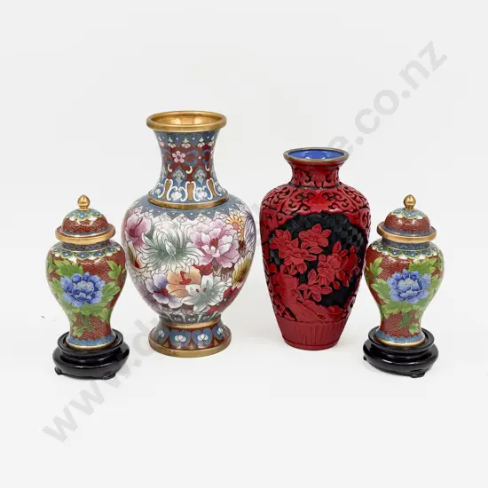 Cinnabar Lacquer Vase Cloisonne Vase & Boxed Pair of Cloisonne Vases