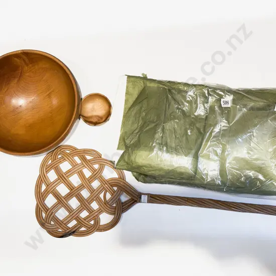 Vintage Carpet Beater together with Tablecloth & Two Wooden Bowls