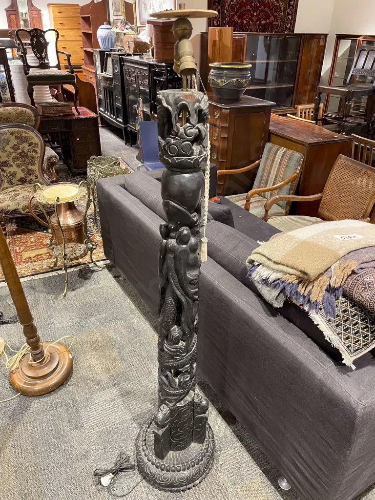 Chinese Carved Ebonised Two Light Standard Lamp Image 1++
