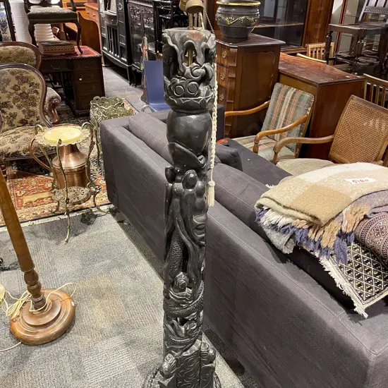 Chinese Carved Ebonised Two Light Standard Lamp