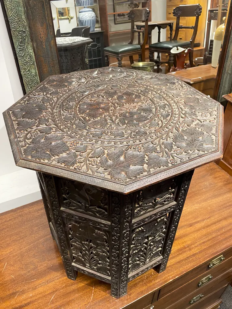Heavily Carved Octagonal Side Table With Folding Base Image 1++
