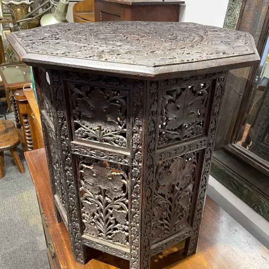 Heavily Carved Octagonal Side Table With Folding Base