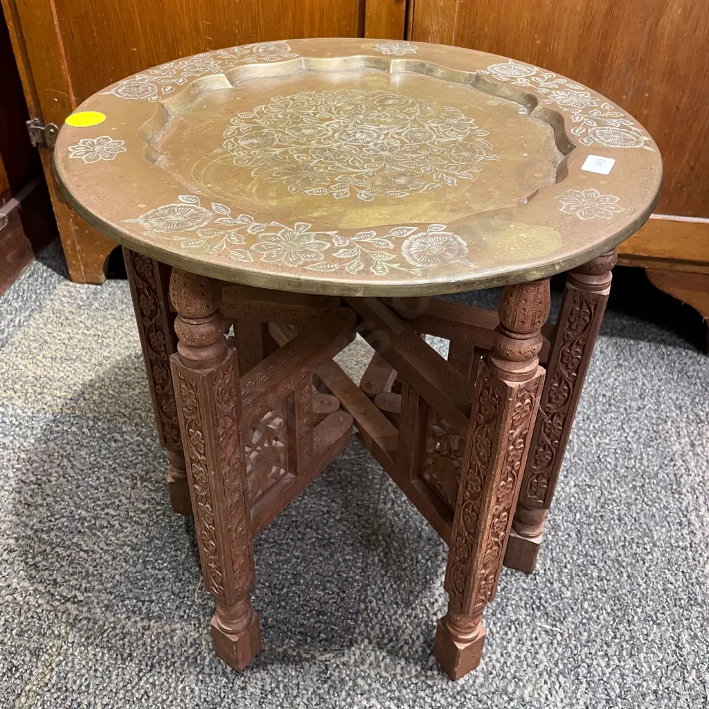 Brass Tray Top Side Table with Folding Base Image 1++