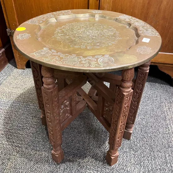 Brass Tray Top Side Table with Folding Base