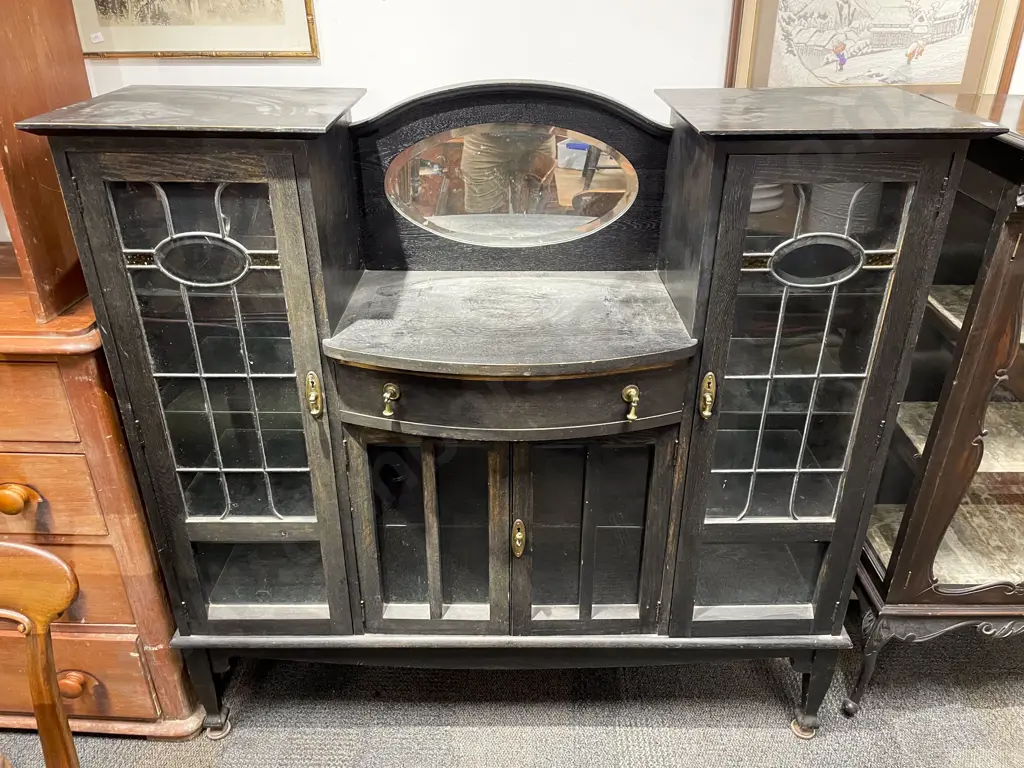 Ebonised C1920's Oak Leadlight Sideboard Display Cabinet Image 1++