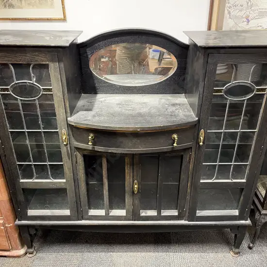 Ebonised C1920's Oak Leadlight Sideboard Display Cabinet