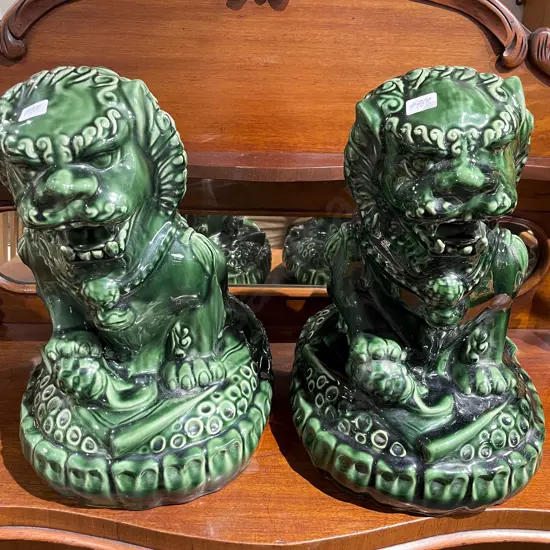 Pair Green Glazed Foo Dogs