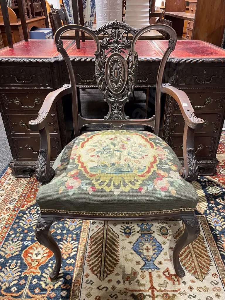 Edwardian Mahogany Tapestry Seated Open Armchair Image 1++