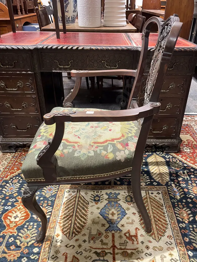 Edwardian Mahogany Tapestry Seated Open Armchair Image 1++