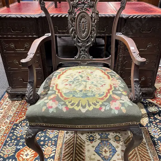 Edwardian Mahogany Tapestry Seated Open Armchair