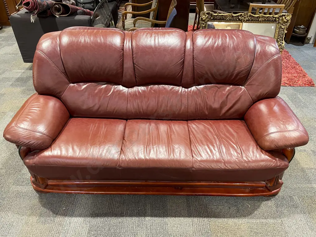 Timber Framed Leather Three Seater Sofa Image 1++