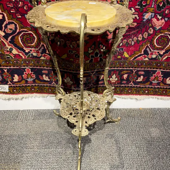Gilt Metal Two Tier Plant Stand With Italian Marble Top