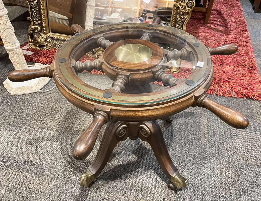 Glass Top Ships Wheel Side Table Image 1++