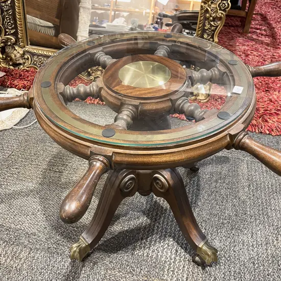 Glass Top Ships Wheel Side Table