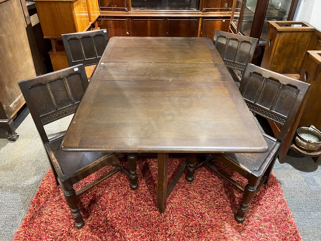 Set of Four  Early C20th Tudor Style Oak Dining Chairs & Dropside Dining Table Image 1++