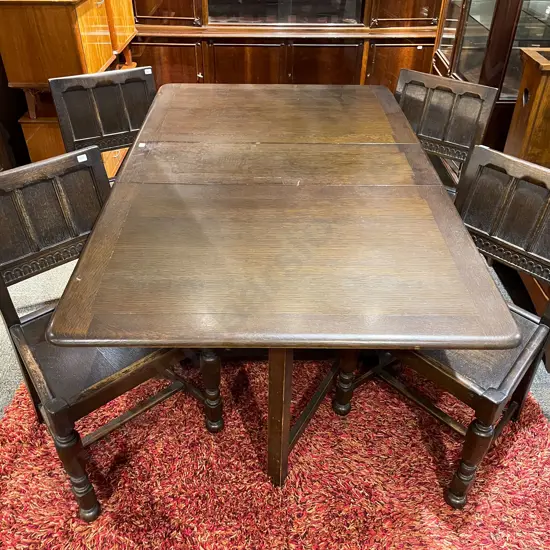 Set of Four  Early C20th Tudor Style Oak Dining Chairs & Dropside Dining Table