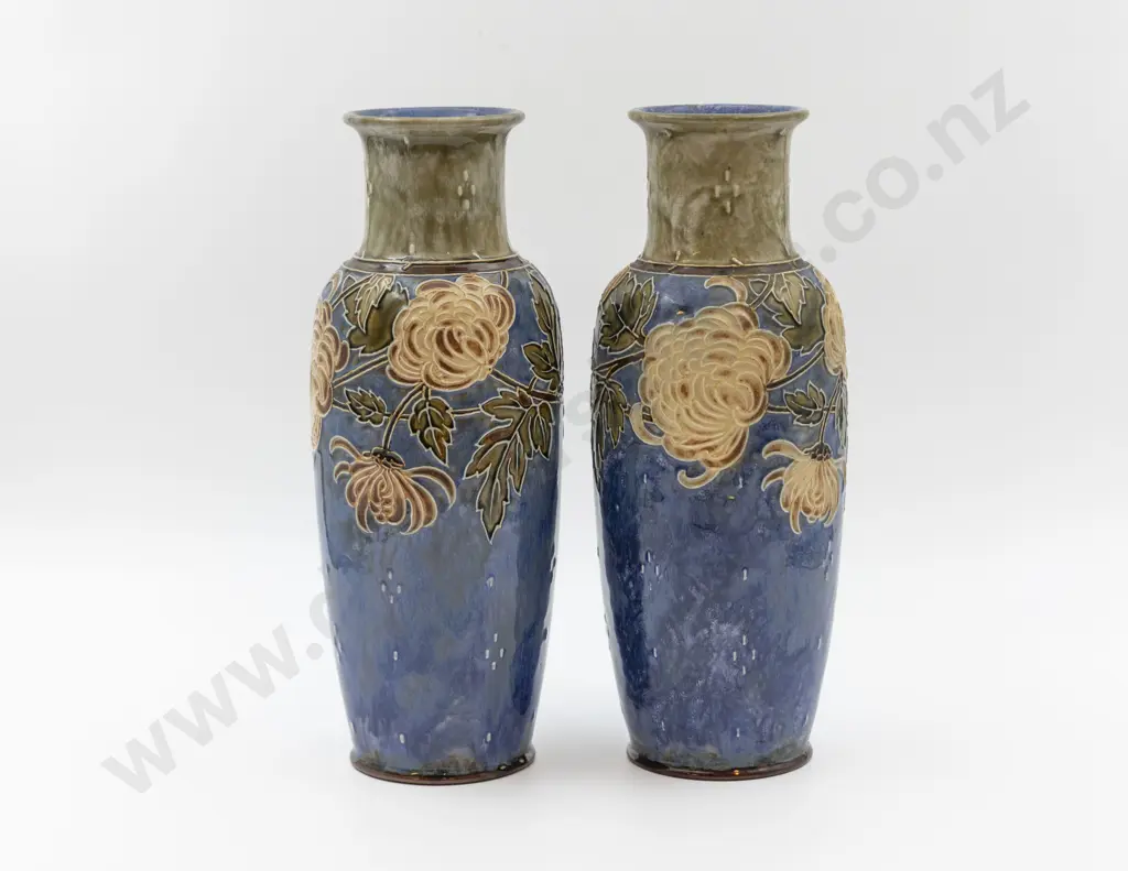 Pair C1895 Royal Doulton Art Nouveau Pattern Stoneware Tube Lined Mantel Vases 31cm H Image 1++