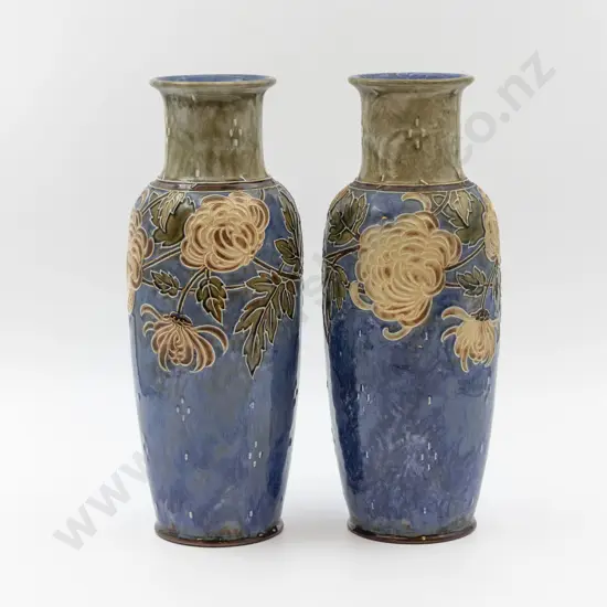 Pair C1895 Royal Doulton Art Nouveau Pattern Stoneware Tube Lined Mantel Vases 31cm H