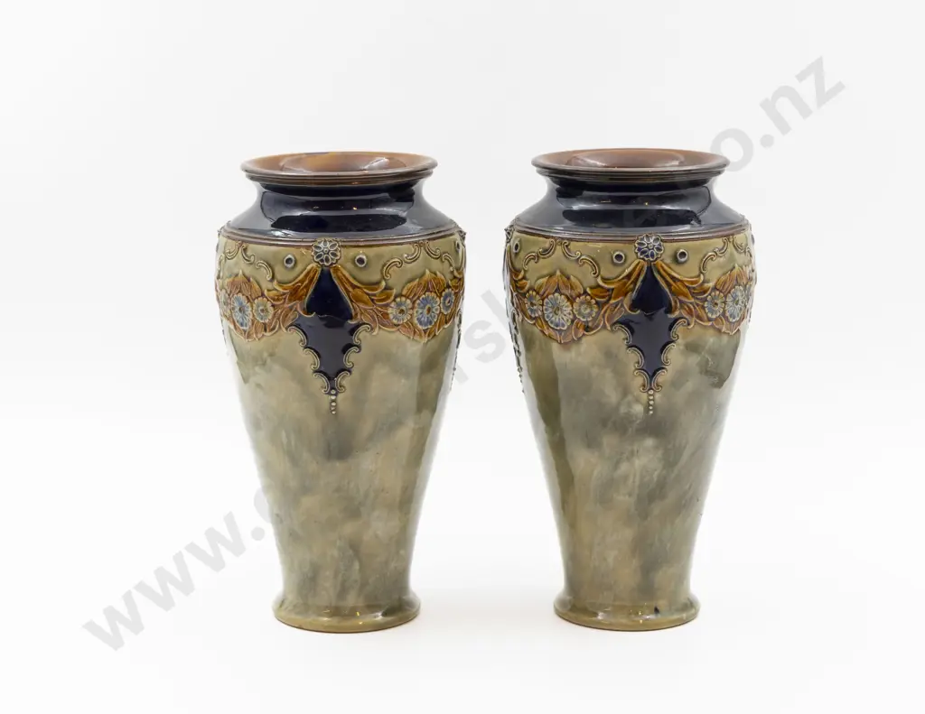 Pair C1982 RD Art Nouveau Pattern Stoneware Tube Lined Mantel Vases 25cm H Image 1++