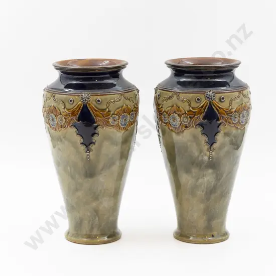 Pair C1982 RD Art Nouveau Pattern Stoneware Tube Lined Mantel Vases 25cm H