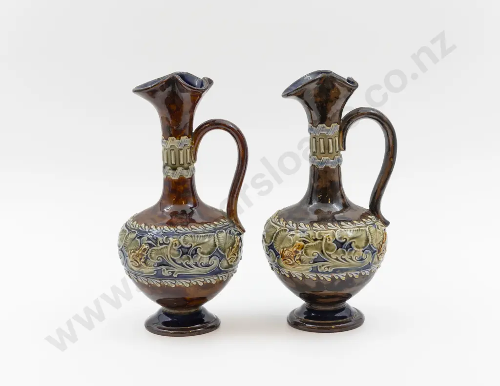 Pair C1898 Doulton Lambeth Stoneware Tube Lined with Frogs & Lillies Ewers 21.5cm H Image 1++